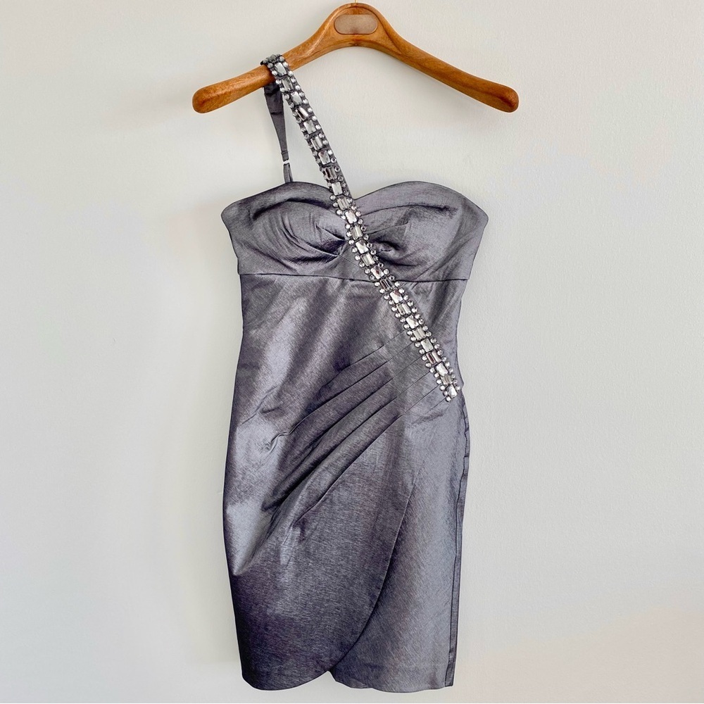 Morgan & Co Beaded Rhinestone One Shoulder Cocktail Dress Size 3/4